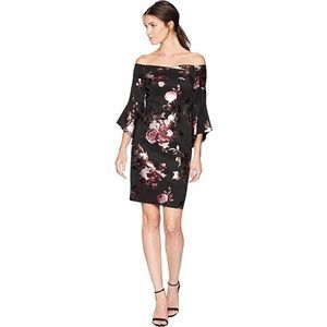bebe Black floral off the shoulder dress
